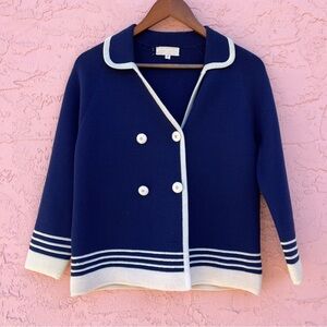 Vintage Double Knitted Pure Wool Cardigan Sweater Blue Hong Kong Flaw